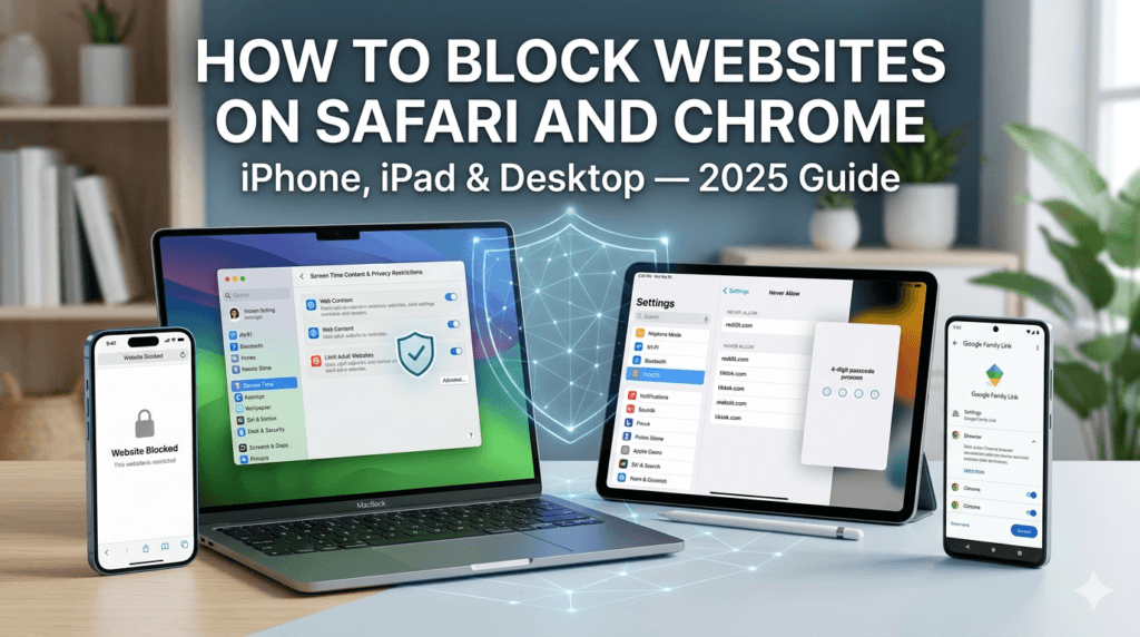 A collection of Apple and Android devices on a desk with digital shield icons, illustrating built-in website blocking and parental control settings for Safari and Chrome browsers.
